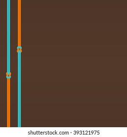 Two knots, orange and blue parallel vertical ropes (texture). Dark brown background. Illustration for web or typography (magazine, brochure, flyer, poster).