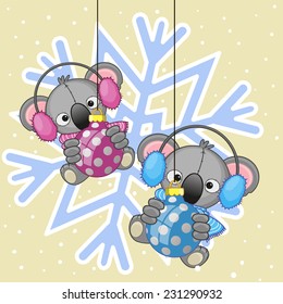 Two Koalas in a fur headphones on the background of snowflake 