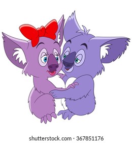 Two Koalas in love. Valentines day animals. Cartoon characters isolated on white background. Colorful design for kids activity book, coloring page, colouring picture. Vector illustration for children.