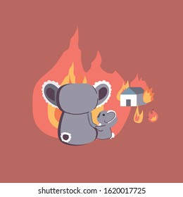 Two Koalas Mother And Baby Watching Their House Burning Vector Illustration