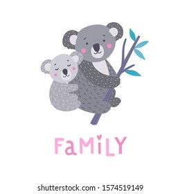Two koalas on the tree branch. Cute wild bears, mother and child vector illustration on white background