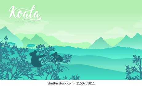 Two koalas sit on tree branch illustration. Silhouette of a wild animal in Australia background. Landscape of mountains in the wild design 