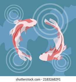 Two Koi Carp In Blue Water. Koi Fish Vector Illustration. Japanese Balance Symbol. Ying Yang. Carps Swimming In Water. Zen Symbol. Orange Fish.