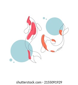Two koi carp fish with bubbles on the background in a continuous single line drawing style. One line hand drawing vector illustration.