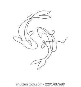 Two koi carp fish in a continuous single line drawing style. One line hand drawing vector illustration.