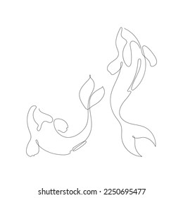 Two koi carp fish  on the white background in a continuous single line drawing style. One line hand drawing vector illustration.
