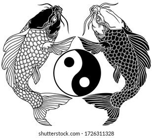 two koi carp fishes and the circle of yin yang symbol. Tattoo. Black and white vector illustration
