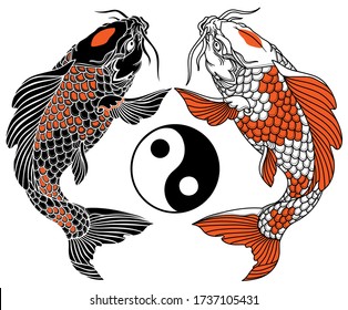 two koi carp fishes and the circle of yin yang symbol. Tattoo. Black Red and white vector illustration