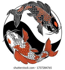 two koi carp fishes in the circle of yin yang symbol. Tattoo. Black white red vector illustration