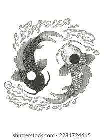 Dos peces de carpa koi en el círculo del símbolo yin yang. Ilustración vectorial de estilo de dibujo de grabado de vintage