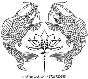 two koi carp fishes and water lily flower. Tattoo. Black and white vector illustration