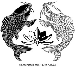 two koi carp fishes and water lily flower. Tattoo. Black and white vector illustration