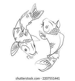 Two Koi carps vector liner illustration,japanese Koi fish line drawing isolated on white background.korean animals.Minimal art drawing,tattoo,print,emblem,logo design. monochrome sketch for label.