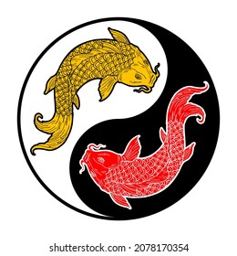 Two koi carps. Yin yang symbol. Vintage vector engraving color illustration. Isolated on white background. Hand drawn design ink