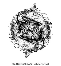 Two koi carps. Yin yang symbol. Vintage engraving monochrome illustration. Isolated on white