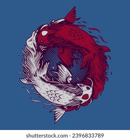 Two koi carps. Yin yang symbol. Vintage engraving monochrome illustration