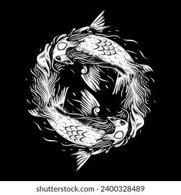 Two koi carps. Yin yang symbol. Vintage engraving monochrome illustration. Isolated on white