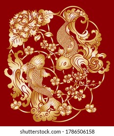 Two koi fish battle with sunrise and cherry blossom on background.Traditional japanese koi fish carp vector for printing on T-shirt.Chinese gold fish illustration for tattoo style on red background.