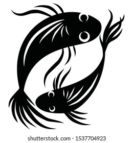 two koi fish in black and white
