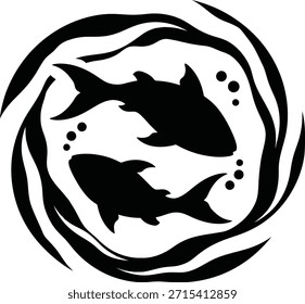 Ilustración vectorial de silueta yin yang de círculo de dos peces koi para símbolos de armonía y logotipos de naturaleza asiática.