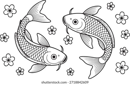 Dos peces koi están intrincadamente delineados, nadando alrededor de varios dibujos simples de flores de cerezo sobre un fondo limpio y transparente para proporcionar una pieza de arte clara y concisa.