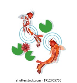 Two koi fish with red and orange stripes are swimming.Lotus and lotus leaves.Vector illustration isolated on white background.