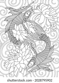 Two Koi Fish Swimming Around Lotus Flowers Colorless Line Drawing. Carp Fishes Swims On Lake With Floating Flower Coloring Book Page.