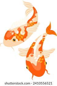 Two koi fish swimming, vibrant orange and white colors, Japanese carp in water. Oriental garden pond, peaceful and elegant aquatic vector illustration.