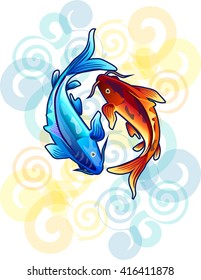 two koi fish symbols of water and fire. red and blue carp
