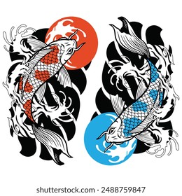 two koi fish tattoo, one red and one blue, swimming around contrasting sun and moon elements, symbolizing balance, harmony, and duality in traditional Japanese art