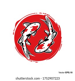 Two koi fishes with abstract red sun or water round shape, Japanese koi carps logo icon design template vector