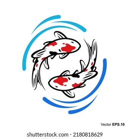 Two Koi Fishes Surrounded by Water or Whirlpool. Japanese Koi Carps Logo Icon Design Template Vector
