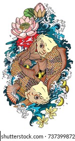 two koi gold carp fishes . Lotus flower with water splash and feng shui money coins . Illustration tattoo style drawing