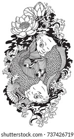 two koi gold carp fishes . Lotus flower with water splash and feng shui money coins .Black and white  tattoo style vector illustration
