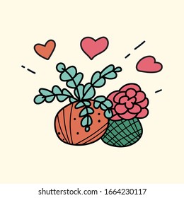 Two kokedamas. Vector hand drawn illustration on white background. 