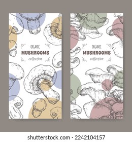 Two labels with Agaricus bisporus aka common mushroom and Pleurotus ostreatus aka oyster mushroom sketch. Edible mushrooms series. Great for cooking, traditional medicine, gardening.