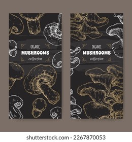 Two labels with Agaricus bisporus aka common mushroom and Pleurotus ostreatus aka oyster mushroom sketch on black. Edible mushrooms series. Great for cooking, traditional medicine, gardening.