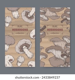 Two labels with Agaricus bisporus aka common mushroom and Pleurotus ostreatus aka oyster mushroom color sketch. Edible mushrooms series. Great for cooking, traditional medicine, gardening.