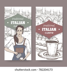 Two labels with barista, Ilalian patio, coffee cup and tiramisu on white. Great for bakery and restaurant, cafe ads, brochures, labels.