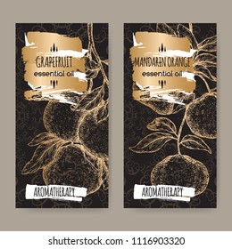Two labels with citrus paradisi aka grapefruit and citrus reticulata aka mandarin sketch on black background. Great for traditional medicine, perfume design, cooking or gardening.