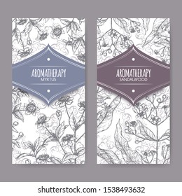 Two labels with Common myrtle aka Myrtus communis and Indian sandalwood aka Santalum album sketch on elegant lace background. Great for traditional medicine, perfume design, cooking or gardening.