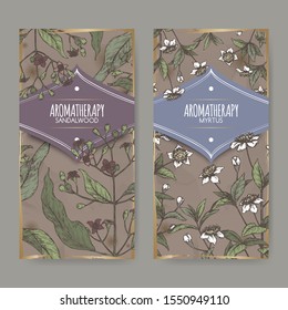 Zwei Labels mit Common Myrtle aka Myrtus communis und indischem Sandalwood aka Santalum Album Farbe Skizze auf Vintage Hintergrund. Ideal für traditionelle Medizin, Parfüm-Design, Kochen oder Gartenarbeit.