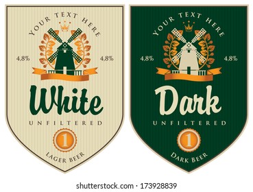 two labels for dark and white beer with mill