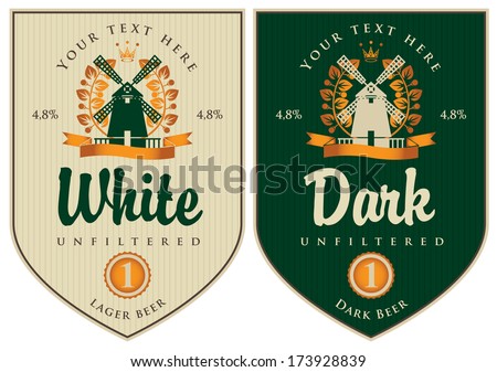 two labels for dark and white beer with mill