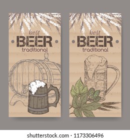 Two labels with hand drawn beer keg, mug, hop and wheat on cardboard background. Great for bar, restaurant, cards and menu, pub signs, label design.
