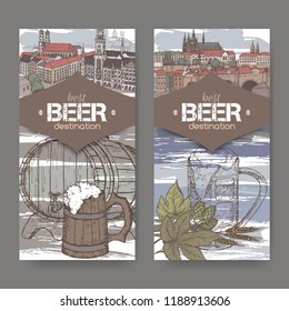 Two labels with hand drawn beer keg, mug, hop, wheat and color Prague and Munich sketches. Great for bar, restaurant, cards and menu, pub signs, label design.