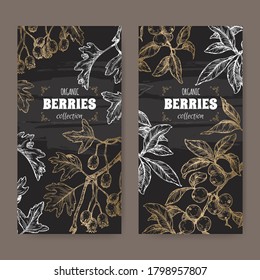 Two labels with Hawthorn aka Crataegus and Blackthorn aka Prunus spinosa branch sketch on black. Berry fruits series. Great for traditional medicine, perfume design, cooking or gardening.