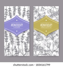 Two labels with Lavender aka Lavandula angustifolia and Lemon myrtle aka Backhousia citriodora sketch. Aromatherapy collection. Great for traditional medicine, perfume design, cooking or gardening.