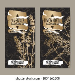Dos etiquetas con Lavender alias Lavandula angustifolia y myrtle de limón alias Backhousia citriodora sobre negro. Colección de aromaterapia. Ideal para la medicina tradicional, el perfume, la cocina o la jardinería.
