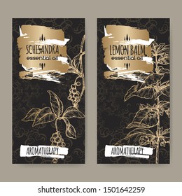 Two labels with Lemon balm aka Melissa officinalis and Schisandra aka Schisandra chinensis sketch on black lace background. Great for traditional medicine, perfume design, cooking or gardening.